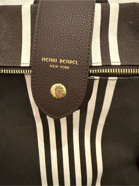 henri bendel Brown and White Striped Canvas Duffel
